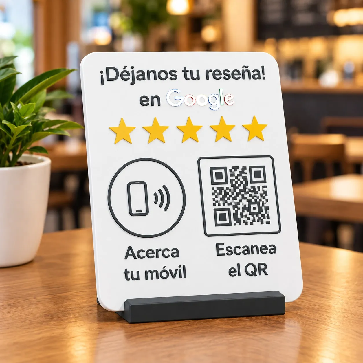 White PanotStudio plate on a restaurant table, with the Spanish text “¡Déjanos tu reseña! en Google” (leave us a Google review), five stars, the NFC symbol and a QR code